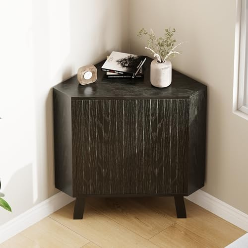 Garvee Platzsparender Eckschrank aus Holz – 3-stufig mit Türen, verstellbarem Regal und modernem Design – Stauraum für Wohnzimmer, Schlafzimmer, Küche oder Bad – freistehend – Farbe: Schwarz
