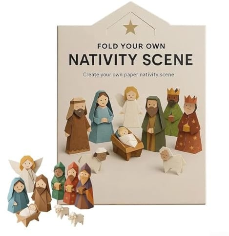 Weihnachtskrippe aus Papier, faltbar, für Weihnachtsbasteln, mit Jesus Maria Josef und unterstützenden Figuren (B)