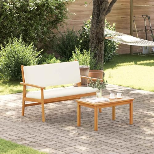 YunCangg Gartensofa-Set Cremeweiß mit Kissen 2-teilig Massivholz Akazie Bank und Tisch wetterfest für Terrasse Balkon Garten Lounge Outdoor Relaxen