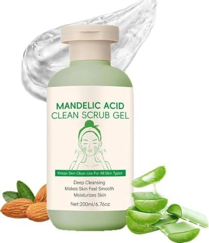 Mandelic Acid Exfoliating Scrub Gel: deep cleanses, moisturises, improves skin texture, refines pores and brightens the complexion; suitable for all skin types.