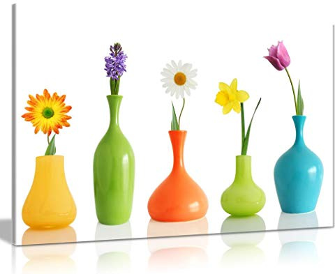 Fresh Look Spring Colorful Flowers In Vases On White Canvas Wall Art Picture Print (36x24)