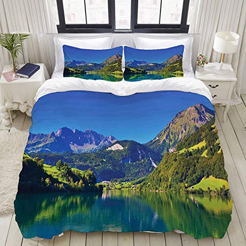 MOBEITI Bedding Bettwäsche-Set,Schweizer Alpen-Berg und Wiesenwald mit ruhigem See auch kleines altes Village,Mikrofaser Bettbezug und Kissenbezug - (135 x 200 cm)