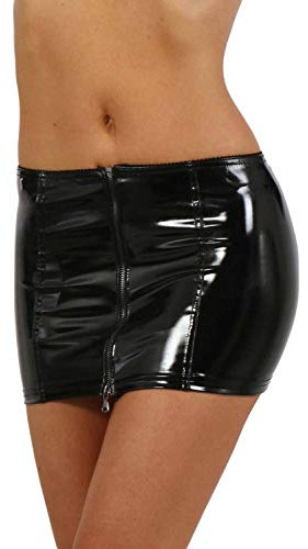 MISS NOIR Damen Wetlook Minirock – Sexy Vinyl Rock mit Reißverschluss – Kurzer Lackrock in Lederoptik für Party & Clubwear (Schwarz (9481-BK), XL)