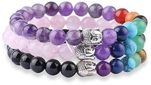 Rebuy Amethyst, Rose Quartz, Black Tourmaline (Pack Of 3) 7 Chakra with Buddha Head Healing Bracelet Multicolored | For Men & Women, Bead Size 8 mm