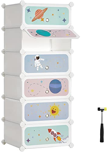 SONGMICS Kids' Shoe Rack with Doors, 6-Slot Stackable Storage Organizer, Plastic Wardrobe, Toys, Books, Clothes, 12.2 x 16.9 x 41.3 Inches, Cloud White ULPC904W01