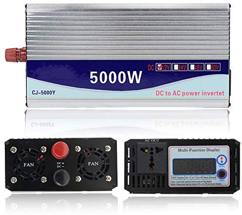 WSHA Inversor de Coche 12V / 24V / 48V 220V 5000W Convertidor de Transformador de Voltaje de Potencia de Onda sinusoidal, Pantalla LCD Doble, para refrigerador, Horno microondas,12V