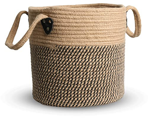 ZOES HOMEWARE Jute-Seil-Übertopf mit Griffen, handgefertigter gewebter Korb für 25.4 cm große Blumentöpfe, rustikale Heimdekoration, für den Innenbereich, Handwerk und mehr, 25.4 x 25.4 cm