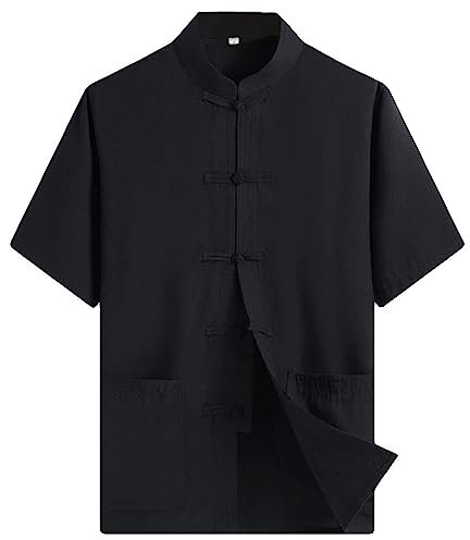G-LIKE Camicia estiva da uomo – tradizionale cinese Tang Style Shirt arti marziali Kung Fu Tai Chi Abbigliamento da allenamento per il tempo libero Top a maniche corte per uomo, Nero , XL