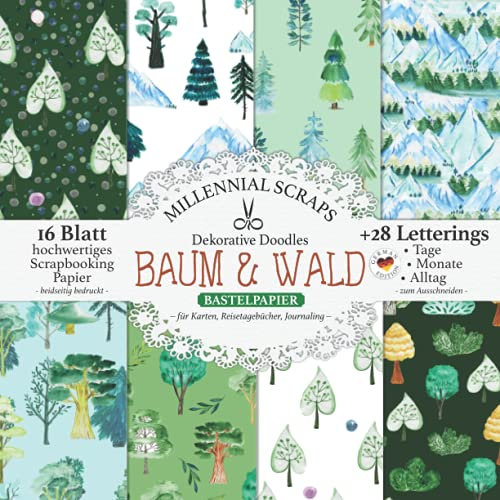 Dekorative Doodles BAUM & WALD Bastelpapier – Für Karten, Reisetagebücher, Journaling –: Scrapbooking Papier & Zubehör I Zum Ausschneiden I Mit Letterings I Geschenk für Bastelfreunde I DIY Geschenk
