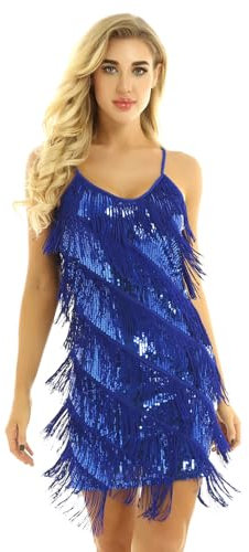 Jowowha Damen Flapper Kleid 1920er Jahre Pailletten Quasten Kleider Bodycon Cocktail Party Fransen Kostüm Samba Tango Tanzkleider Blau Einheitsgröße
