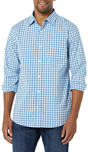 Amazon Essentials Men's Long-Sleeved Slim-Fit Stretch Poplin Shirt, Light Blue White Gingham, L
