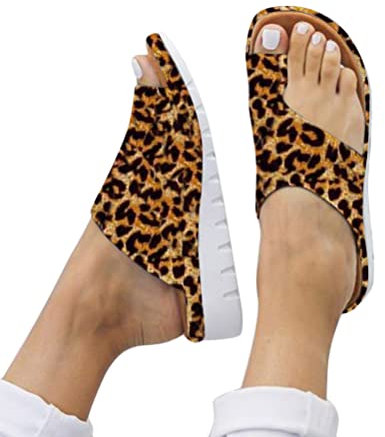 Onsoyours Big Toe Sandale de Correction Orthopédique Sandales Femmes Plates Chaussures en Cuir PU Nu Pieds Été à Talon Compensé Claquette Plage Confortables Élégance C Léopard 37 EU