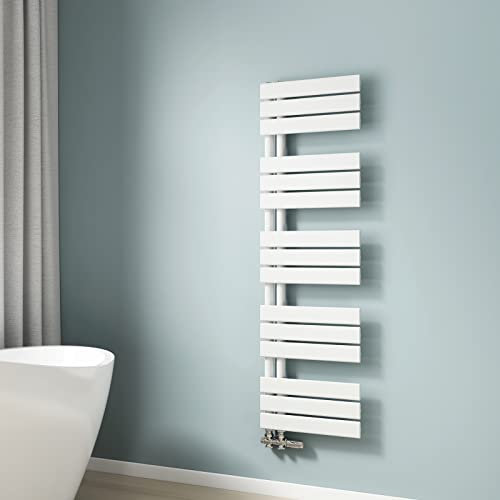 EMKE Scaldasalviette termoarredo piatto, Termoarredo da Bagno, 1320 x 400 mm, bianco, collegamento laterale, 570W, radiatore scaldasalviette ad acqua calda