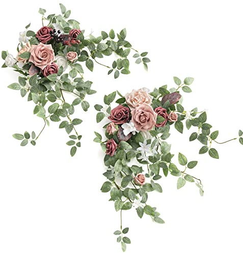 Ling's moment 2PCS Artificial Floral Swags Centerpieces Wedding Flower Rose Garland Greenery Arrangements for Sweetheart/Head Table Decor Wedding Car Wall Arch Garden Decor | Dusty Rose & Mauve