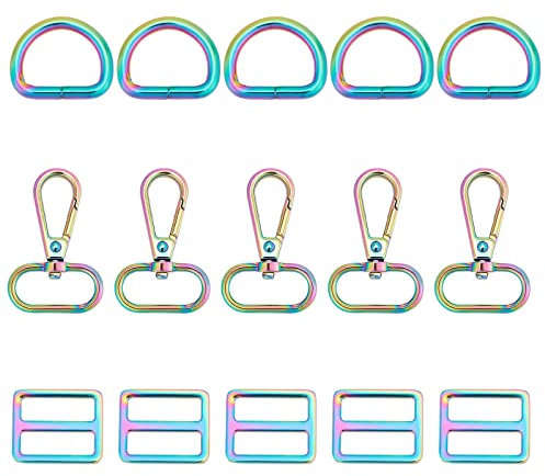 GORGECRAFT 3 Stil 15 Stück Regenbogen-Drehverschluss Klauenhaken Schlüsselanhänger Haken Eisen-D-Ringe Schnallenverschlüsse Schieberiemen Schnalle D-Ring Einstellschnalle Für Hundehalsband Rucksack