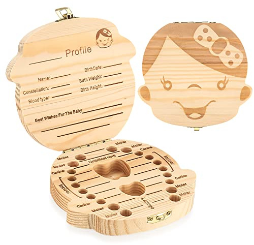 wugongshan Scatola Porta Dentini da Latte in Legno, Scatola per Denti da Latte per Bambino per Conservare Denti Bambini Ragazze in Legno Ricordo Regalo, Scatole dei Souvenir