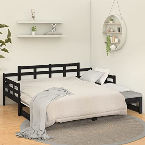 Tidyard Tagesbett Ausziehbar Tagesbettgestell Bett Bettrahmen Sofa Bettcouch Schlafcouch Bettsofa Polstersofa Loungesofa Schlafsofa Gästebetts Wohnmöbel 2X(90 x 190 cm) (B x L),Schwarz,Massives