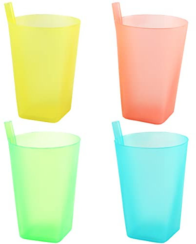 Taozoey Gobelets Colorés Avec Paille Intégrée, 4 Couleurs Tasses Colorés, Tout-Petits Gobelet Empilable Avec Paille, Tasses à Paille Intégrée Sans BPA Pour un Usage Quotidien(360ML, 4 Pack)