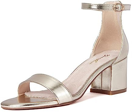 GENSHUO Sandali con tacco grosso da donna, Elegante cinturino alla caviglia con fibbia e fibbia aperta Sandali con tacco basso e medio, Vernice dorata, 40 EU