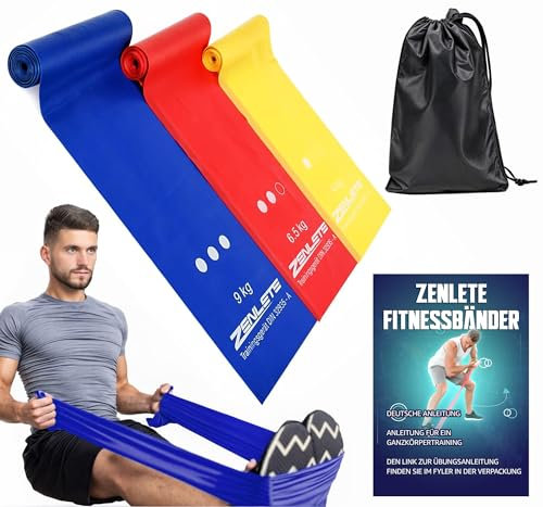 zenlete Fitnessbänder 3er Set 2,5 m lang – Widerstandsbänder Muskelaufbau, Yoga, Pilates & Physiotherapie, Original Fitness-Band Gymnastikband, extra langes Trainingsband mehr Bewegungsfreiheit