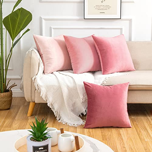 Yonous Rosa Gradient Farbe Combo Set Kissenbezüge, Premium-Samt weiches Quadrat dekorative werfen Wurfkissenbezug für Sofa Bett Couch Stuhl, 4er Set, 18 x 18 Inch / 45x45 cm