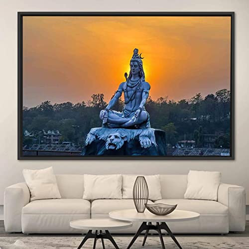 Hinduistische Lord Shiva-Skulptur bei Sonnenuntergang, Leinwandgemälde, Wandkunst, indische Götter, Statue, Poster und Drucke, religiöse Heimdekoration, 60 x 80 cm, ohne Rahmen