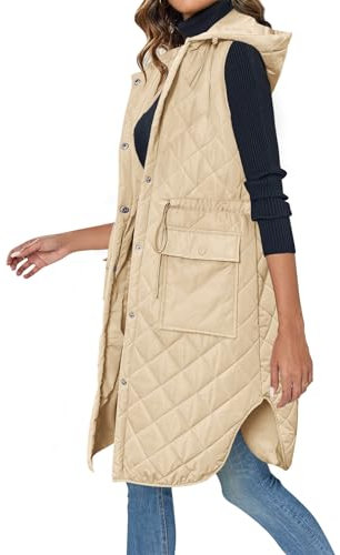 Wenrine Damen Weste Lang Ärmellose Winter Steppweste mit Kapuze und Taschen Casual, Khaki, 2XL