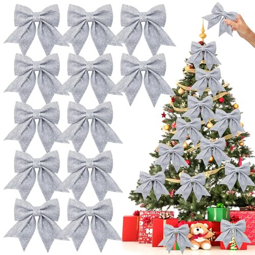 12Pezzi Fiocchi Natalizi Glitterati 18x13 cm Fiocchi per albero di Natale Fiocchi per Decorazioni di Natale, Adatto Albero di Natale Ghirlanda Scatole Regalo Bomboniere Capodanno Fai da Te (argento)