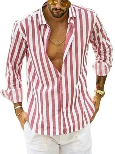 AYAZER Chemises pour Hommes Chemises décontractées en Coton et Lin Col Montant Rayure Masculine Manches Longues Hauts Amples Printemps été Beaux Hommes Chemise-Rose-S