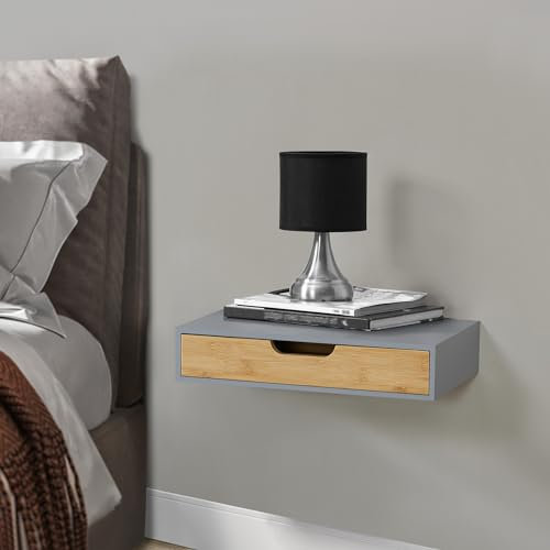 [en.casa] Wandregal Bokn mit Schublade Bambus Schweberegal Hängeregal Wandablage Wandboard Nachttisch-Ablage Grau 40 x 24 x 8 cm Wandschublade