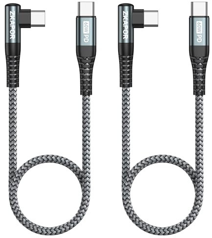 ZKAPOR Cable USB C a USB C Corto [2Pack 30CM], Cable Tipo C 60W Cable USB C 90 Grado Carga Rápida para iPhone 15/15 Pro Max, Samsung Galaxy S23 /S22, Pad Pro, Air, Huawei P40 /Mate 60, Pixel -Gris