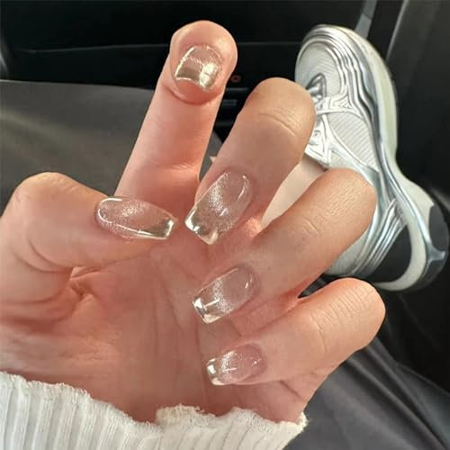 24Pcs Cat Eye Short Square False Nails - Glitter Fake Nails with Glue - Acrylic Nails Press on Nails - Full Cover Stick on Nails for Women Girls (Shimmer Cat Eye)