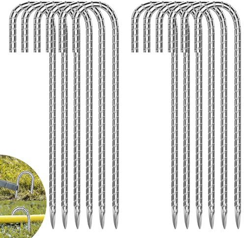 AQXONG 12 Pcs Clavijas de Acero para Carpa, Fuerte Clavo de Acero con Hilo, Clavijas de Camping de 30cm, Clavos de Trampolín Estacas de Jardín Adecuado para Camping, Trampolines, Lonas, Toldos