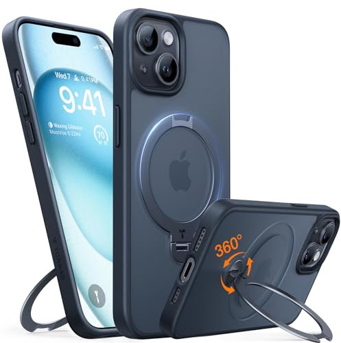 TORRAS 360° Spin Magnetic Stand for iPhone 15 Case, Compatible with Magsafe,14 FT Military Grade Shockproof Slim Protective iPhone 15 Case with Kickstand Ring Holder, Ostand Spin-Black
