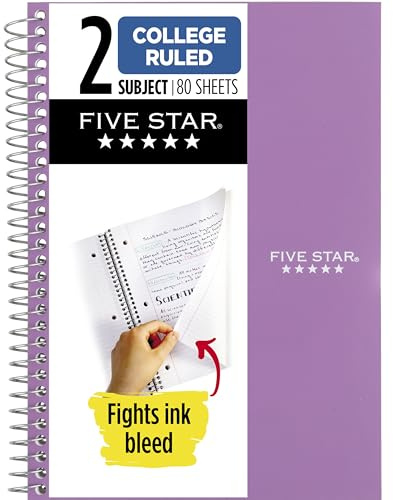 Five Star Spiral Notebook, 2 Subject, College Ruled Paper, 6 x 9-1/2, 80 Sheets, Fights Ink Bleed, Water Resistant Cover, Amethyst Purple (840029CF1-ECM)