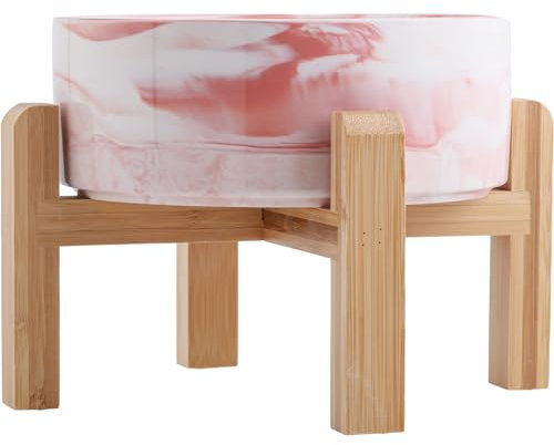 Addogyy Elevated/Raised Dog Bowl Ceramic with Wood Stand for Medium Large Breed,Dog Food Water Dish Heavy Weighted, 8 in Non Slip Porcelain Pet Bowl Extra Big Marble Pink