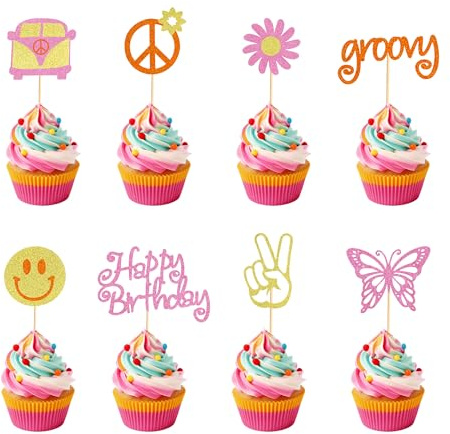 Arthsdite 24Pcs Hippie Party Happy Birthday Cupcake Toppers Glitter 60s Retro Boho Dasiy Flower Sun Peace Sign Hand Two Groovy Cupcake Picks for Hippie Retro Theme Birthday Party Cake Decorations