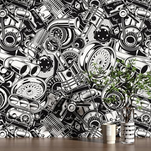 ReWallpaper Papier Peint Adhesif Mural Noir et Blanc Vinyle Adhesif Meuble Motif Salle de Bain Papier Peint Style Industriel Rouleau Autocollant Decoratif pour Chambre Garçon 44.5cm×3m