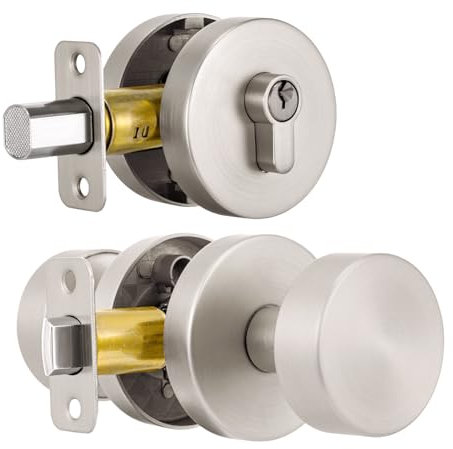 naubea Exterior Door Knob with Single Cylinder Deadbolt Lock Set, Round Entry Door Knob with Deadbolt Locksets, Brushed Nickel Front Door Lock Set, Satin Nickel Front Door Handle and Deadbolt Set