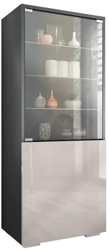 Vladon Vitrine Granada de, Armoire Vitrée Made in Germany avec Porte en Verre et Insert en Verre, Anthracite Mat/Gris Sable Haute Brillance (50 x 122,5 x 34,5 cm)