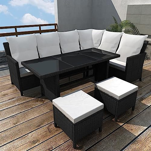Ecklounge Rattan Lounge L-Form Sitzgruppe Eckgarnitur Ecksofa mit Esstisch Hocker Tisch Garten Loungemöbel Terrasse Sitzecke Eckbank Gartenlounge Outdoor Gartenmöbel Set Essgruppe