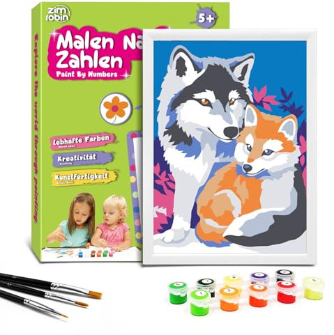 Zimrobin Peinture Numero Enfant -13×18cm Peinture par numéros enfants à partir de 5 6 7 ans fille et garçon,Cadeau créatif avec cadre 3 pinceaux et peinture acrylique (Loups et renards)