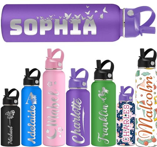 ShAxzHen Personalised Water Bottles for Kids with Straw Lid 40/32/24/18/12oz Custom Insulated Water Bottle Stainless Steel with Name Logo Customised Engraved Cups for School Sport Gym Name Purple
