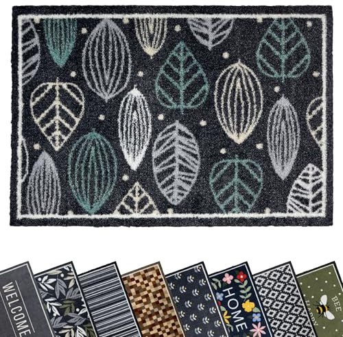 Mighty Mats Eco Flex Washable Door Mat - Highly Absorbent Anti-Slip Dirt Trapper Indoor Doormat with Anti-Curl Rubber Base - Abstract Leaf Green, 50 x 75cm