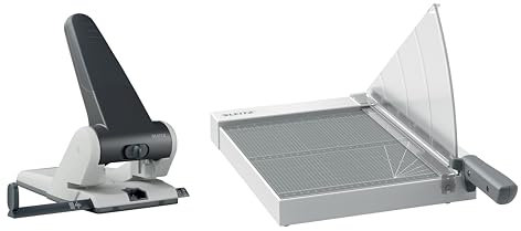 Leitz Set Extrastarker Registraturlocher aus Metall & Precision Hebelschneider A4, Papierschneidemaschine mit 305 mm Schnittlänge für bis zu 8 Blatt, Großer Locher Für 65 Blatt, 51800095 + 90180000