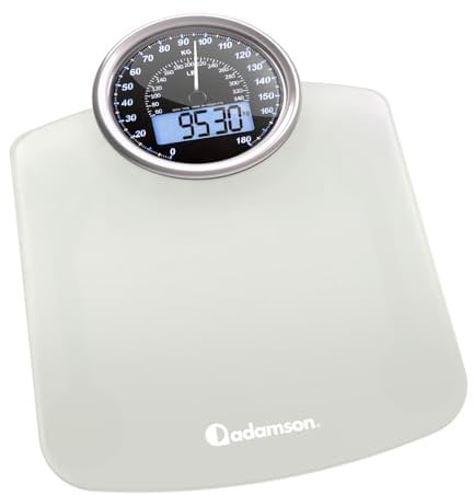 Adamson Pèse-personne Hybride + 2-en-1 Digital et Analogique - Jusqu'à 180 kg - Verre trempé épais - Grand écran - Lecture facile + NOUVEAU + Blanc