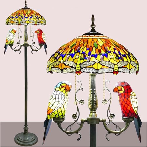 FKINGLRK Lampe sur Pied Perroquet Style Tiffany 64 Pouces de Hauteur Abat-Jour en Verre teinté Perle de Cristal Forme de Libellule