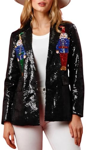 SANSIWU Weihnachts-Blazer für Damen, Pailletten, Nussknacker-Blazer, Jacken, offene Vorderseite, Glitzer, Urlaubs-Blazer, glänzende Jacke, glitzernder Partymantel, Schwarz , XL