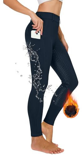 Havideto Winter Reitleggings Damen Vollbesatz Thermo Reithose Damen Fleece Gefüttert Wasserdicht mit Handytasche Gürtelschlaufen Marine Blau M