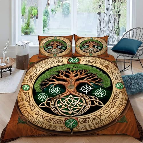 Bettwäsche 135x200cm 3Teilig Baum des Lebens Bettwäsche-Sets Baum des Lebens Mit Keltischem Knoten Der Wikinger Kinder Mikrofaser Modern Bettdeckenbezug Mit Reißverschluss und 2 Kissenbezug 80x80cm
